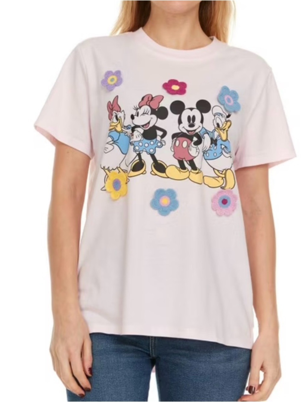 Women’s Disney Mickey and Friends Short Sleeve Crew Neck Shirt Crochet Flowers L